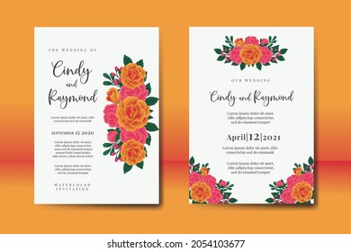 Modern Wedding invitation, floral watercolor Digital hand drawn Orange Rose Flower design Invitation Card Template