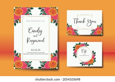 Modern Wedding invitation, floral watercolor Digital hand drawn Orange Rose Flower design Invitation Card Template