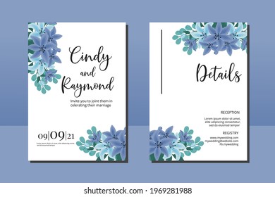 Modern Wedding invitation frame set, digital art hand drawn Watercolor Blue Lily Flower design Invitation Card Template