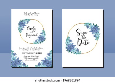 Modern Wedding invitation frame set, digital art hand drawn Watercolor Blue Lily Flower design Invitation Card Template