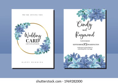Conjunto de marcos de invitación de boda moderna, dibujo a mano de arte digital Color de agua Azul Flor de flores Plantilla de tarjeta de invitación
