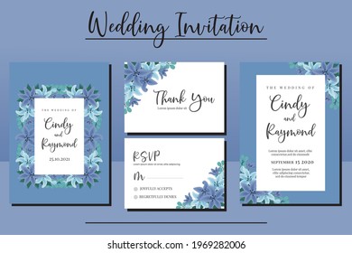 Modern Wedding invitation frame set, digital art hand drawn Watercolor Blue Lily Flower design Invitation Card Template