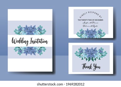 Modern Wedding invitation frame set, digital art hand drawn Watercolor Blue Lily Flower design Invitation Card Template