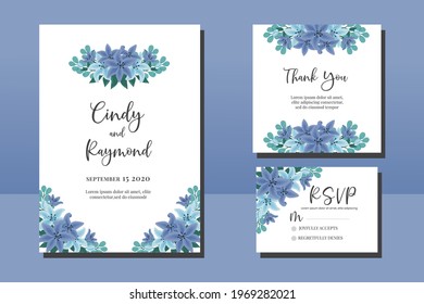 Conjunto de marcos de invitación de boda moderna, dibujo a mano de arte digital Color de agua Azul Flor de flores Plantilla de tarjeta de invitación