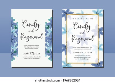 Modern Wedding invitation frame set, digital art hand drawn Watercolor Blue Lily Flower design Invitation Card Template