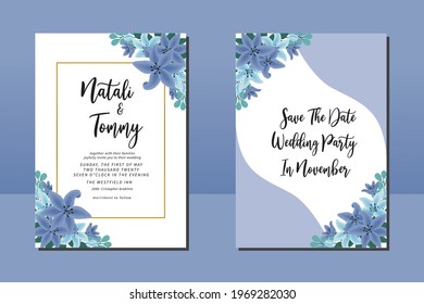Modern Wedding invitation frame set, digital art hand drawn Watercolor Blue Lily Flower design Invitation Card Template