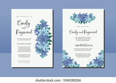 Modern Wedding invitation frame set, digital art hand drawn Watercolor Blue Lily Flower design Invitation Card Template