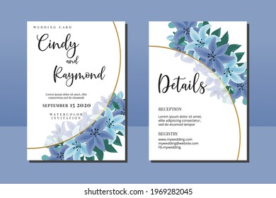 Modern Wedding invitation frame set, digital art hand drawn Watercolor Blue Lily Flower design Invitation Card Template