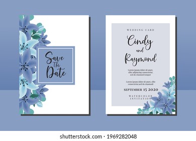 Conjunto de marcos de invitación de boda moderna, dibujo a mano de arte digital Color de agua Azul Flor de flores Plantilla de tarjeta de invitación