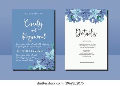 Modern Wedding invitation frame set, digital art hand drawn Watercolor Blue Lily Flower design Invitation Card Template