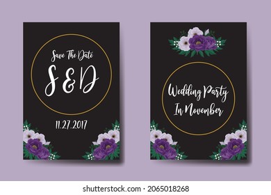 Modern Wedding invitation frame set, floral watercolor Digital hand drawn Purple Peony Flower Invitation Card Template