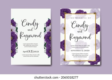 Modern Wedding invitation frame set, floral watercolor Digital hand drawn Purple Peony Flower Invitation Card Template svg