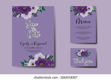 Modern Wedding invitation frame set, floral watercolor Digital hand drawn Purple Peony Flower Invitation Card Template