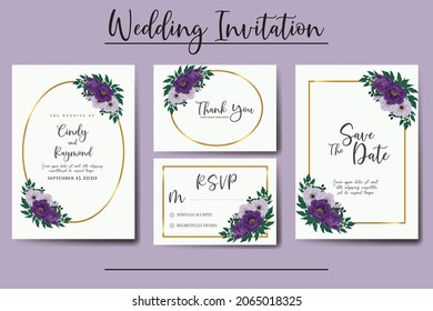 Modern Wedding invitation frame set, floral watercolor Digital hand drawn Purple Peony Flower Invitation Card Template