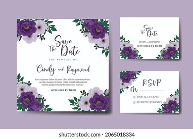 Conjunto de marcos de invitación de la boda moderna, acuarela floral Color digital de la mano Dibujado a mano Púrpura Flor de flores plantilla