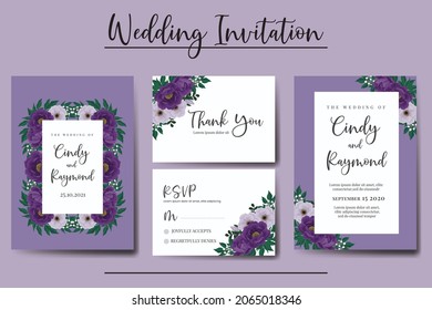 Conjunto de marcos de invitación de la boda moderna, acuarela floral Color digital de la mano Dibujado a mano Púrpura Flor de flores plantilla