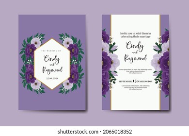 Modern Wedding invitation frame set, floral watercolor Digital hand drawn Purple Peony Flower Invitation Card Template svg