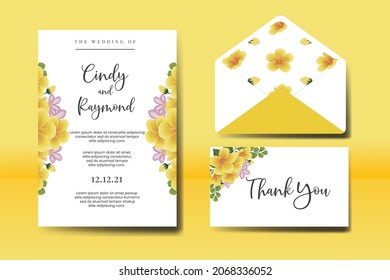 Modern Wedding invitation frame set, floral watercolor Digital hand drawn Yellow Hibiscus Flower design Invitation Card Template