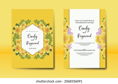 Conjunto de marcos de invitación para la boda moderna, acuarela floral Color digital de la mano Dibujo a mano Amarillo Hibiscus Flower Design Plantilla de tarjeta de invitación