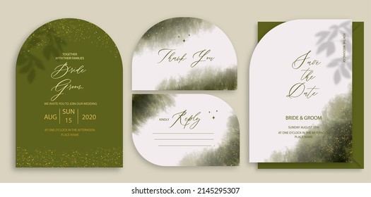 Modern wedding invitation, green and golden wedding invitation template, arch shape with leaf shadow and handmade calligraphy