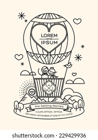 Modern wedding invitation groom and bride on honeymoon pictogram in hot air balloon with line art geometric style illustration