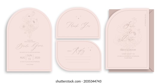 Modern wedding invitation, light pink wedding invitation template, arch shape with bouquet of flowers and handmade calligraphy. svg
