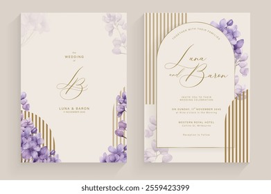 Modern Wedding Invitation with Lilac Flower Watercolor