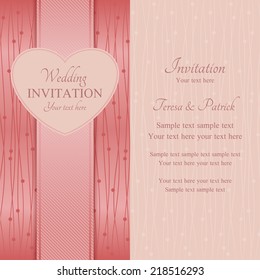 Modern wedding invitation, ornate heart frame, pink style