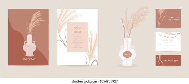 Modern wedding invitation pampas grass in vase card set. Autumn watercolor boho template vector. Save the Date golden foliage minimal poster, trendy design, luxury background, floral illustration