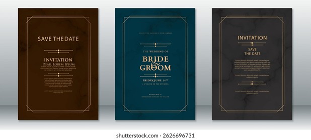 Modern wedding invitation set with black marble texture and golden accents, ideal for stylish and upscale weddings.