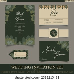 Modern Wedding Invitation set including Wedding Card, RSVP Card, Name-card, Thank you card, sticker with belly Band and Tag. Set of Five Invitation Card Templates in Fall colors with floral ornaments. svg