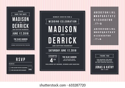 Modern wedding invitation suite with save the date, RSVP, and thank you cards in black chalkboard style typography on a pink striped background. Ideal for printable stationery templates, bridal event announcements, and design mockups.