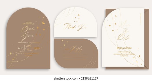 Modern wedding invitation template, arch shape with gold moon and star and handmade calligraphy svg