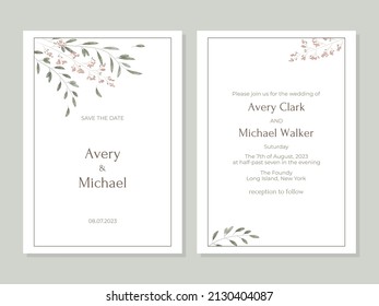 Modern wedding invitation template in minimalistic and watercolor style. Card design with frame, watercolor leaves, branches and flowers. Vector