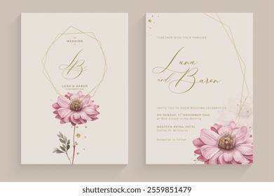 Modern Wedding Invitation Template with Pink Roses Watercolor
