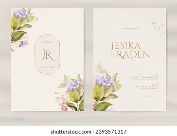 Modern Wedding Invitation Template with Vintage Hydrangea Flower Watercolor