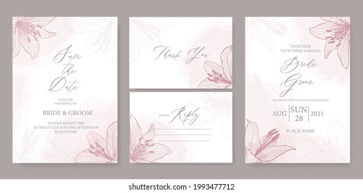 Modern wedding invitation template, with watercolor stains, pink lilies, and handmade calligraphy