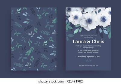 Modern wedding invitation templates. Blue cover design with white flowers and green leaves. Vector decorative backgrounds. Realistic flowers