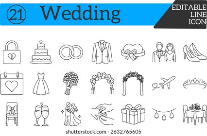 Modern Wedding Line Icons Set – Elegant Vector Collection for Bridal and Ceremony Designs