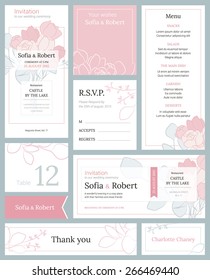 Modern wedding set of printed materials with a floral design. Wedding invitation card, R.S.V.P., menu card , table number card, guest card , decorative ribbon, card wishes and thank you card.