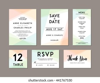 Modern Wedding Set template. Modern design. Wedding Invitation, Save the Date, Menu, Table card, RSVP, and Thank You card design with modern abstract background. Tradition decoration for wedding