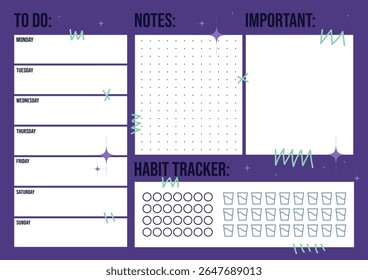 Modern Weekly Planner with Notes and Habit Tracker on Purple Background