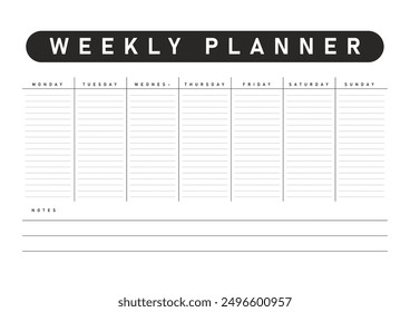 Modern weekly planner template with a black header and a clean white background, featuring lined sections for each day of the week and a notes section for additional information