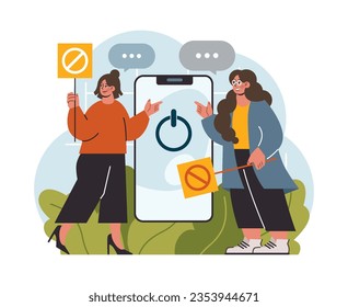 Práctica moderna de bienestar. Desintoxicación digital. Personaje tomando un descanso del dispositivo digital. Desconectado o apagado de la laptop. Rompiendo la adicción a internet y a los medios sociales. Ilustración vectorial plana
