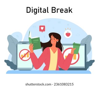 Modern wellbeing practice. Digital detox. Character taking a break from digital device. Disconnected or turned off laptop. Breaking the internet and social media addiction. Flat vector illustration