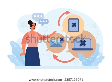 Modern wellbeing practice. Digital detox. Character taking a break from digital device. Disconnected or turned off laptop. Breaking the internet and social media addiction. Flat vector illustration