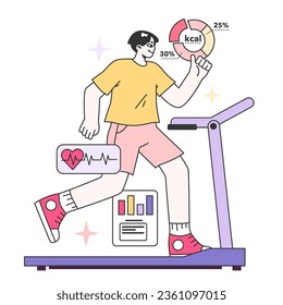 Práctica moderna de bienestar. Estilo de vida saludable y activo o rutina diaria. Programa de formación de personajes masculinos. Rutina de fitness en una cinta de correr. Ilustración vectorial plana