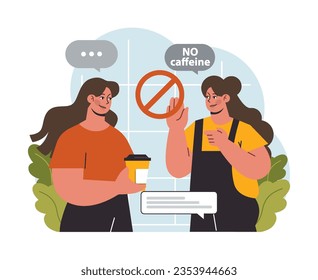 Modern wellbeing practice. No coffee, caffeine free diet. Woman rejecting a cup of hot energetic beverage. Flat vector illustration
