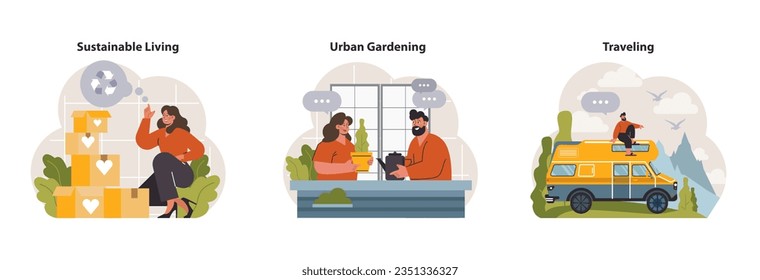 Modern wellbeing practice set. Slow, mindfull and sustainable living. Modern urban lifestyle principles for harmony. Personal growth, stress reduction and happiness. Flat vector illustration