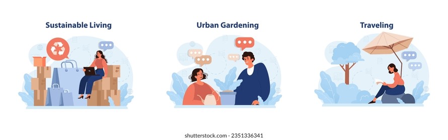 Modern wellbeing practice set. Slow, mindfull and sustainable living. Modern urban lifestyle principles for harmony. Personal growth, stress reduction and happiness. Flat vector illustration